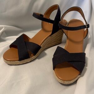 J. Crew Navy Blue and Tan Wedge Espadrille Sandals